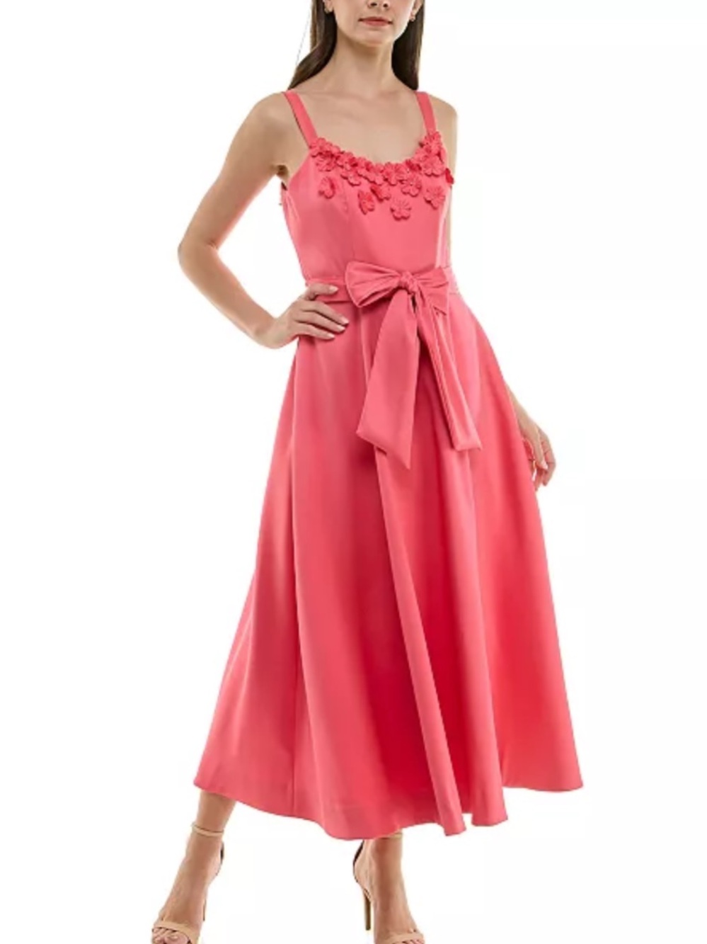 Taylor Modern Coral Floral Appliqué‎ Midi Dress NWT Size 12 Bow Waist